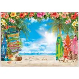 Produktbild: Luminora 2,1 x 1,5 m Sommer-Hintergrund mit Hawaii-Sonnenschein und Strand, tropischen Blumen, Palmenblättern, Surfbrett, Hintergrund, Aloha, Blauer Himmel, Meer, Party-Dekoration, Foto-Banner-Stand