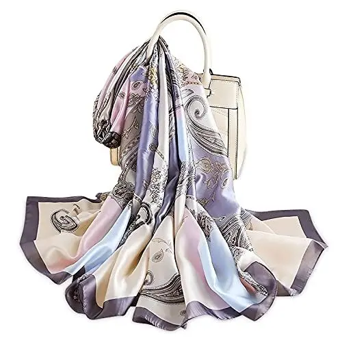 Produktbild: LumiSyne Seidenschal Damen Blume Gedruckt Muster Mode Eleganten Stil Weicher Hautfreundlicher Warmer Seidentuch Lange Halstücher Sonnencreme Stola All Season