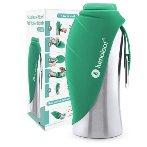 Produktbild: LumoLeaf Hundetrinkflasche für unterwegs, 800ml Edelstahl Trinkflasche Hund, Tragbare Haustier Wasserflasche, Hunde Wasserspender Reise Zubehör für Wandern und Campen (Grün)