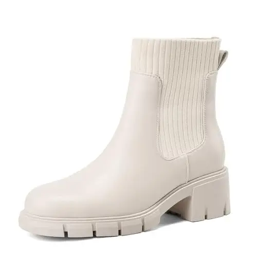 Produktbild: LUMUTA Women's Chelsea Boots Beige Chelsea Fashion Ankle Bootie für Frauen Bequemschuhe Damen Chelsea Stiefel Lug Sole Chunky Block Heel Ankle Booties Chelsea Stiefeletten