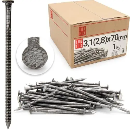 Produktbild: Lun Fix Rillennagel 3,1 (2,8) x 70 mm - 1kg | Holznägel für Bauarbeiten | Unverzinkter Baunägel | 70 mm lang | Drahtstifte Nägel Flachkopf für Tischlerarbeiten, Dachkonstruktionen, Zimmerleute