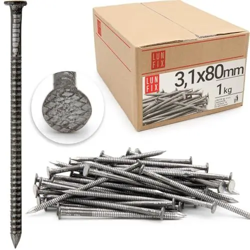 Produktbild: Lun Fix Rillennagel 3,1 x 80 mm - 1kg | Holznägel für Bauarbeiten | Unverzinkter Baunägel | 80 mm lang | Drahtstifte Nägel Flachkopf für Tischlerarbeiten, Dachkonstruktionen, Zimmerleute