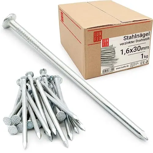 Produktbild: Lun Fix Stahlnägel 1,6 x 30 mm - 1kg (ca.1900 stk.) Holznägel für Bauarbeiten Verzinkter Baunägel Nägel 30 mm lang Drahtstifte Nägel Senkkopf verzinkt für Tischlerarbeiten, home decor, DIY, crafts