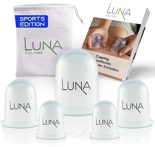 Produktbild: LUNA FitLines - 5er Sporttherapie Schröpfgläser Silikon in verschiedenen Größen - hochwertige Cupping Set - Schröpfen Silikon inklusive Anwendungsbuch - Schröpfset für Sport Saugglocke Massage
