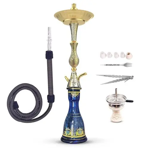Produktbild: Luna Hookah Premium Tradi Shisha Absolutes Komplett Set edles Design | Traditionelle Wasserpfeife 68 cm inkl. Steinkopf Kaminaufsatz Tradischlauch Zange und Tabakgabel | (Gold/Bowl Blau)