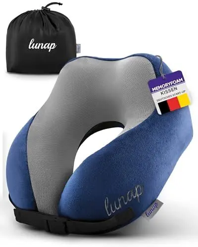 Produktbild: lunap Reisekissen Flugzeug | Nackenkissen Memory Foam atmungsaktiv + waschbar | Nackenhörnchen Erwachsene | Nackenkissen Flugzeug, Auto | Travel Pillow Neck BLAU | Flugzeug Reise Flugzeug