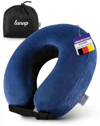 Produktbild: lunap Reisekissen Flugzeug | Nackenkissen Memory Foam flauschig + waschbar | Nackenhörnchen Erwachsene | Nackenkissen Flugzeug, Auto | Travel Pillow Neck BLAU | Flugzeug Kissen Flugzeug