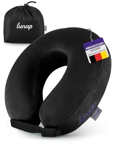 Produktbild: lunap Reisekissen Flugzeug | Nackenkissen Memory Foam flauschig + waschbar | Nackenhörnchen Erwachsene | Nackenkissen Flugzeug, Auto | Travel Pillow Neck SCHWARZ | Flugzeug Kissen Flugzeug