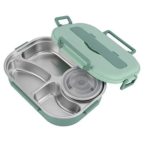 Produktbild: Lunchbox aus 304 Edelstahl, Lunchbox-Behälter mit Edelstahllöffel und Essstäbchen, mit 300-ml-Suppenschale, 1500-ml-Bento-Lunchbox für Kinder, Studenten, Erwachsene(grün)
