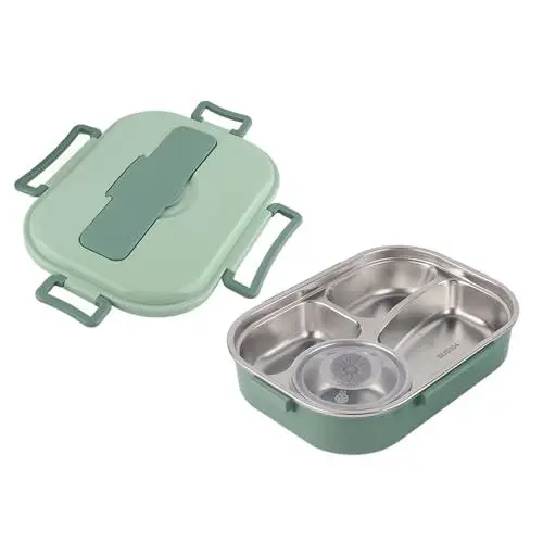 Produktbild: Lunchbox mit Vier Fächern und Suppenschüssel, Tragbarer Isolierbehälter, Lunchbox aus Edelstahl, mit Essstäbchen und Löffel, Geteilter (green)