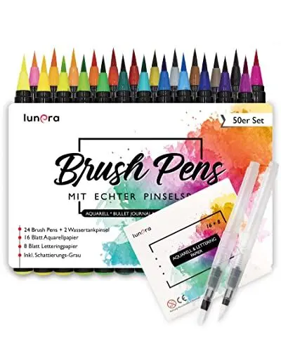 Produktbild: lunera Brush Pen Set Pinselstifte I 50er Set I 24 Aquarellfarben, 8 Lettering + 16 Aquarellpapier, 2 Wassertankpinsel I Echte Pinselspitze für Aquarell und Kalligraphie