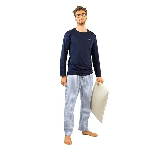 Produktbild: lunon Schlafanzug Herren lang | MIT Geschenkverpackung | Pyjama Set, 100% Baumwolle, Langarm, Pijama for Men, Zeitloses Design, geeignet für Winter und Sommer (2-teiliges Set, Blau Gestreift, L)
