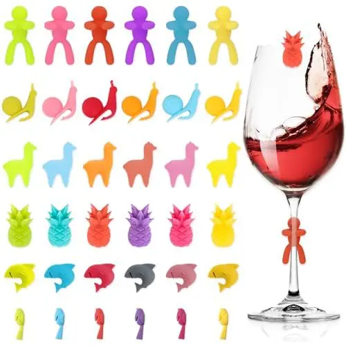 Produktbild: Lunriwis Glas Markierung Trinkgläser Glasmarkierer, 30 Stück Glas Markierung, Glasmarker Silikon, Wein Marker, Weinglasmarkierer für Weinglas, Tassen, Trinkglas