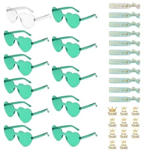 Produktbild: Lunriwis 33 Stück JGA Brille Team Braut Armbänder，11 Stück Herz Sonnenbrille+11 Stück Bride Tattoo Aufkleber+11 Stück Bride Armband, JGA Deko Accessoires für Hochzeitsfeierdekorationen（grüner）