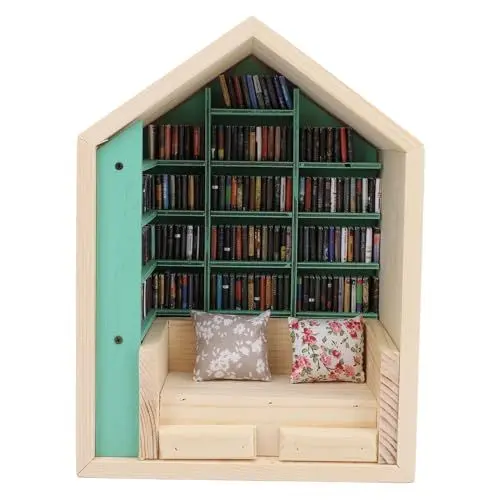 Produktbild: Luocute Mini-Bücherregal-Haus-Set, Handgefertigtes Miniatur-Buchecken-Set, Puppenhaus-Dekoration mit 200 Büchern, 2 Kissen, Ideal für Schlafzimmer, Wohnzimmer, Arbeitszimmer, Büro,