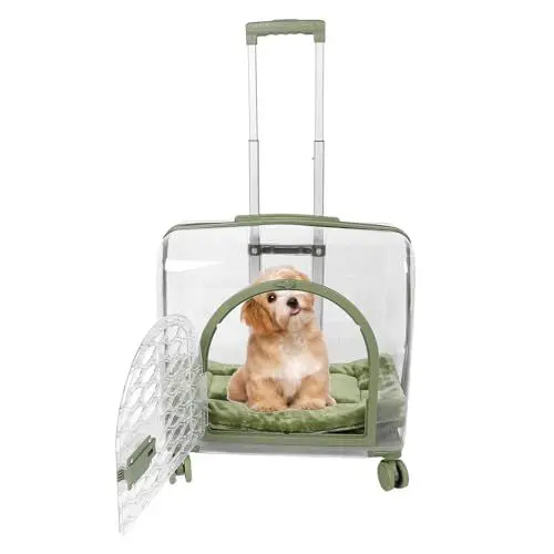 Produktbild: Luocute Transparente Transportbox für Haustiere, Vollständig Atmungsaktive Katzentransportbox mit Einziehbarer Stange und Rollenden Rädern, Tragbarer Katzentrolley für Reisen und