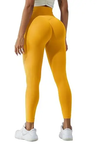 Produktbild: LUODUODUO Sport Gym Leggings Damen - High Waist Scrunch Butt Push Up Boom Booty Seamless Sporthose Laufhose Fitnesshose Tights (07 Mango Gelb)- S