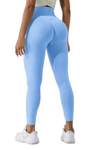 Produktbild: LUODUODUO Sport Gym Leggings Damen - High Waist Scrunch Butt Push Up Boom Booty Seamless Sporthose Laufhose Fitnesshose Tights (08 Hellblau)- L
