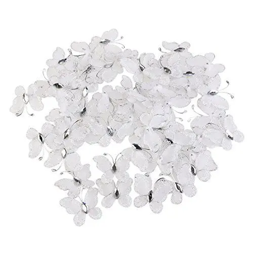 Produktbild: LUOEM 50 Stück Glitter Schmetterlinge künstliche Schmetterlinge Schmuck für Hochzeiten schiere Mesh Wire Gem White