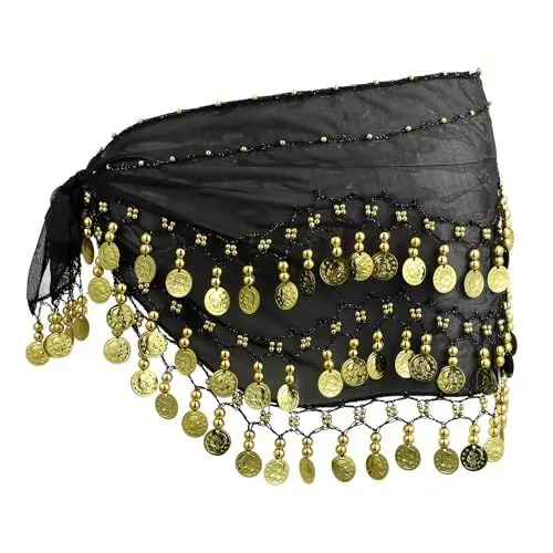 Produktbild: LUOEM Damen Bauchtanz Gürtel, Chiffon Hüfttuch, Tanztuch mit Münzen für Bauchtanz (schwarz)