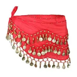 Produktbild: LUOEM Damen Bauchtanz Gürtel, Chiffon Hüfttuch, Tanztuch mit Münzen für Bauchtanz (rot)