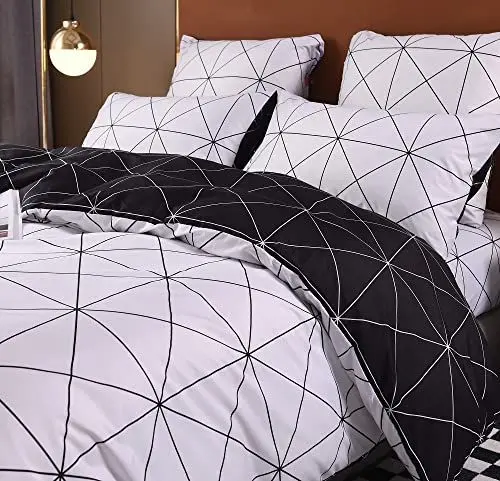 Produktbild: Luofanfei Bettwaesche 155x220 Microfaser Weiß Schwarz 3 Teilig Reißverschluss mit Muster Bettwäsche Kariert Weisse Bettüberzug Wende Kuschelig Jugendliche Mädchen Bettbezug Set (JJA,155 x 220 cm)