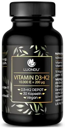 Produktbild: Luondu Vitamin D3 10.000 I.E + Vitamin K2 MK7 200 mcg Depot (Hochdosiert & Vegan) Vitamin D3 K2 Kapseln hochdosiert (30 Kapseln)