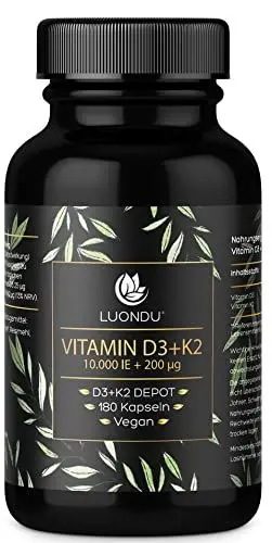 Produktbild: Luondu Vitamin D3 10.000 I.E + Vitamin K2 MK7 200 mcg Depot (Hochdosiert & Vegan) Vitamin D3 K2 Kapseln hochdosiert (180 Kapseln)