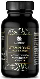 Produktbild: Luondu Vitamin D3 20.000 I.E + Vitamin K2 MK7 200 mcg Depot (30 Kapseln Hochdosiert & Vegan) Vitamin D3 K2 Kapseln hochdosiert I Ohne Zusätze, Hergestellt in DE