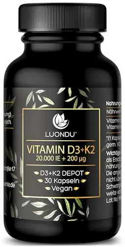 Produktbild: Luondu Vitamin D3 20.000 I.E + Vitamin K2 MK7 200 mcg Depot (Hochdosiert & Vegan) hochdosiert I Ohne Zusätze, Hergestellt in DE (30 Kapseln)
