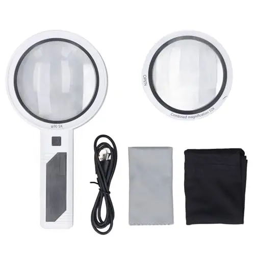 Produktbild: Lupe mit 32 LED-Leuchten, 3-Fach, 5-Fach, 10-Fach Beleuchtete Handlupe, Leselupe, 3 Beleuchtungsmodi, Wiederaufladbarer USB-Akku