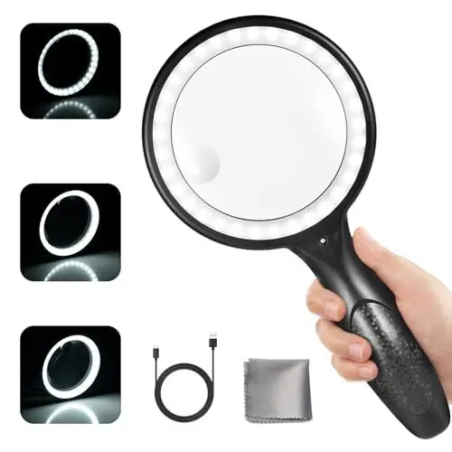 Produktbild: Lupe mit Licht, Afaneep 30x 60x Leselupe für Senioren Groß, 3 Modi Leselupe USB Handlupe 33 LED Vergrößerungsglas Leselupen mit Licht für Kind, Briefmarken, Münzen, Uhrmacher Inspektion(Schwarz)