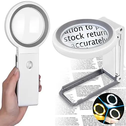 Produktbild: Lupe mit Licht und Ständer 10 Fach 30 Fach, Faltbarem Leselupe mit 18 LED - 3 Beleuchtungsmodi, Dimmable Groß Glas Handlupe Tischlupe für Senioren, Kinder, Lesen, Inspektion, Hobbies - mit Linsentuch