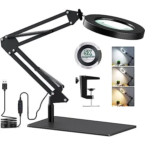 Produktbild: GOI Lupenleuchte mit Tischfuß & Klemme, 5-fache Vergrößerung, 3 Farbmodi, 10 instellbare Helligkeiten,2-in-1 LED Lupe mit Licht und Ständer, einstellbare Schwenkarm-Lampe für Arbeit,Lesen,Hobbys