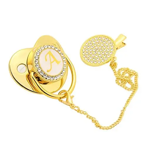 Produktbild: Baby Schnuller, Personalisierter Schnuller und Schnuller Clip Set, Goldener Baby Schnuller mit 26 Buchstaben Golden Bling Schnuller für Neugeborene Silikon-Säuglingsnippel(L)
