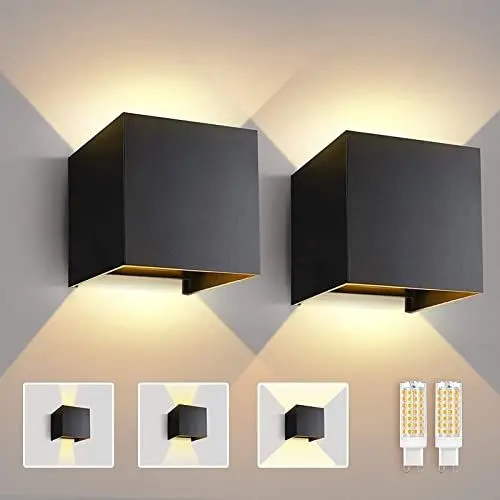 Produktbild: Lureshine 2 Stücke Wandlampe mit Austauschbarer G9 LED Lampe Warmweiß 3000K Aluminium LED Wandleuchte Innen|Aussen Einstellbarer Abstrahlwinkel Wandbeleuchtung für Schlafzimmer Badezimmer Gang（Schwarz