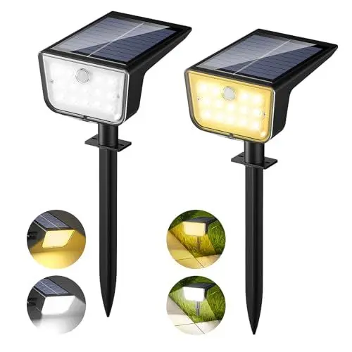 Produktbild: Lureshine Solarstrahler für Außen mit Bewegungsmelder, Warmweiß & Kaltweiß Licht Superhelle Solarlampen für Außen Garten, IP65 Wasserdicht Auto Ein/Aus Solar Gartenstrahler für Aussen Weg(2 Stück)