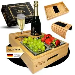 Produktbild: LURETI® Couchbar Snackbox 3-in-1 mit Geschenkbox und EXTRA Sofatablett - Snackspender mit 2 Snackschalen - Holz Snackbox für Sofa, Deko, Couch bar mit Handy und Getränkehalter - Bambus Snackbar