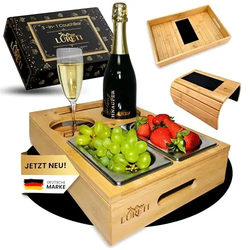Produktbild: LURETI® Couchbar Snackbox 3-in-1 mit Geschenkbox und EXTRA Sofatablett - Snackspender mit 2 Snackschalen - Holz Snackbox für Sofa, Deko, Couch bar mit Handy und Getränkehalter - Bambus Snackbar