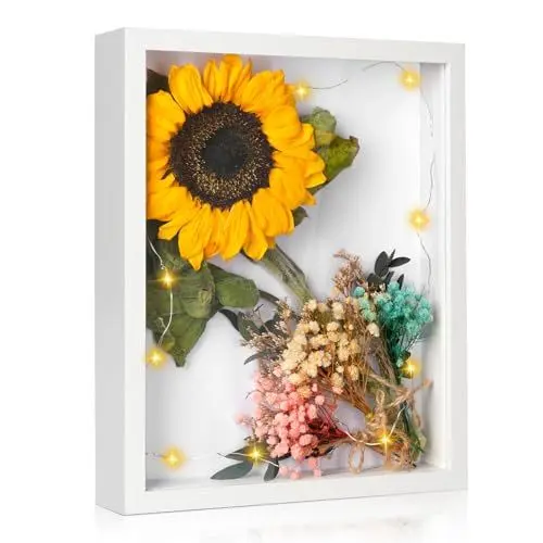 Produktbild: LURICO 3D Bilderrahmen zum Befüllen 25x20 cm Tiefer Rahmen für Objekte bis 3cm Weiß Objektrahmen zum Befüllen für Deko Wand/Schreibtisch/Hochzeitsgeschenk/Kunstwerke, mit Led Lichterkette