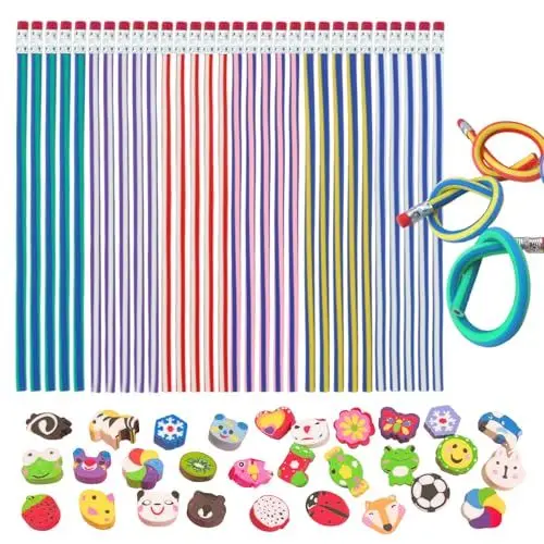 Produktbild: LURNODY 30 Stifte Biegebleistifte Mit 30 Radiergummis Bleistifte Kinder Stifte Mit Verschiedenen Formen, Geeignet für Schulpreise Kindergeschenke Partygeschenke (Modell Mit Gerader Maserung)
