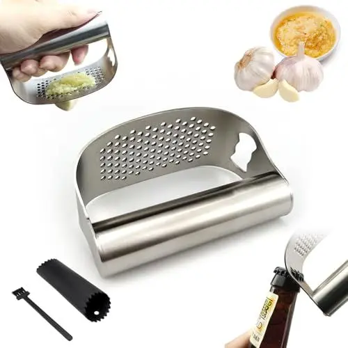 Produktbild: LURNODY Knoblauchpresse Wippe Edelstahl, 2024 Smash Knoblauch Küchenwerkzeuge Garlic Peeler Manuelle Knoblauchpresse, Kleines Werkzeug Zum Zerdrücken Von Knoblauch In Der Küche (Mit Flaschenöffner)