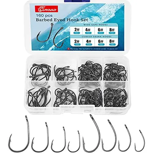 Produktbild: Luroad Karpfen Angelhaken Set, 160 Stück Gebogenem Schaft/Wide Gape Karpfenhaken, Teflon Angelzubehör mit Kunststoff Box-Haken Größe2,4,6,8,10