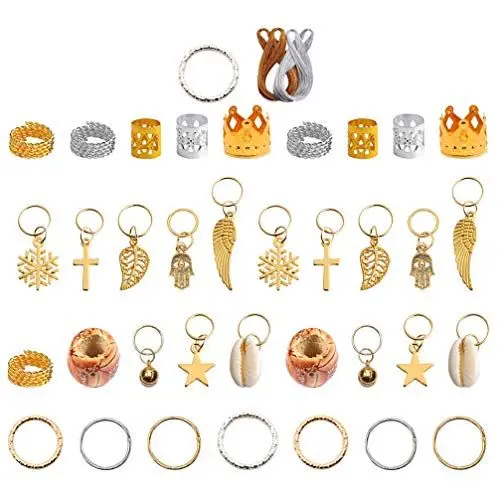 Produktbild: Lurrose 202 Stück Haarschmuck Ringe Deadlocks Perlen Haarschmuck Dekoration Metall Haarschellen Gold Silber Aluminium Haarspule Holzperlen Und 200 M Metallschnur zum Flechten von