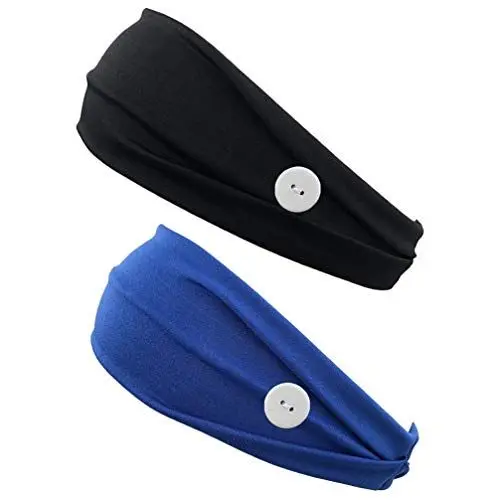 Produktbild: Lurrose 2pcs Stirnband mit Knopf Herren Damen Anti Rutsch Haarband mit Knopf Gehörschutzhalter Kopftuch Elastische Schweißband für Jogging Laufen Wandern Yoga Motorrad Fahren