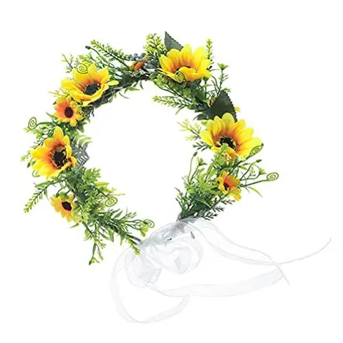 Produktbild: Lurrose Blumen-Stirnband mit Schleife Sonnenblume Krone Blumenkranz Boho Blumengirlande Bohemian Halo Kopfschmuck für Hochzeit Braut Strand