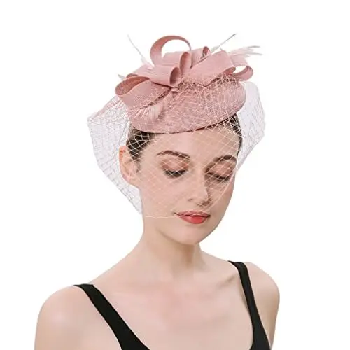 Produktbild: Lurrose Damenhut Fascinator- Hüte Teeparty- Hut- Clips Stirnband Blumenmaschenschleier- Hut Fascinator- Kopfbedeckung für Halloween- Rosa Brautschleier