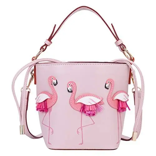 Produktbild: Lurrose Flamingo Muster Eimer Tasche Schulter Tasche PU Leder Tasche Tragbaren Umhängetasche Tote Handtasche für Frauen Mädchen (Licht Rosa)