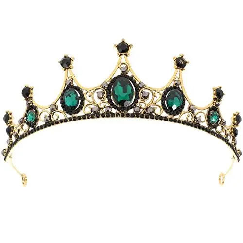 Produktbild: Lurrose Grüne Kristallkrone Golden Tiara mit Schwarzem Strass Braut Kopfschmuck