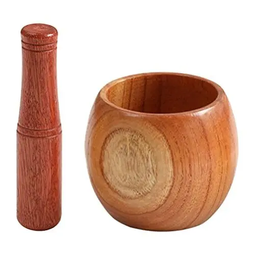 Produktbild: Lurrose Mörser und Stößel aus Holz, rustikaler Bauernhaus-Stil, Knoblauchpresse, Ingwer, manuelle Mörser-Schüssel, Küchenwerkzeug zum Mahlen von frischen Gewürzen, Guacamole, Medizin